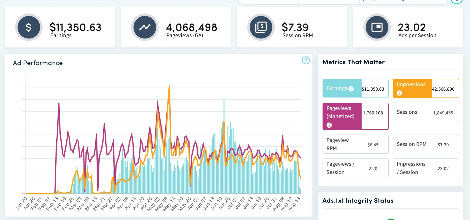 Monumetric dashboard -  lifetime display ad earnings